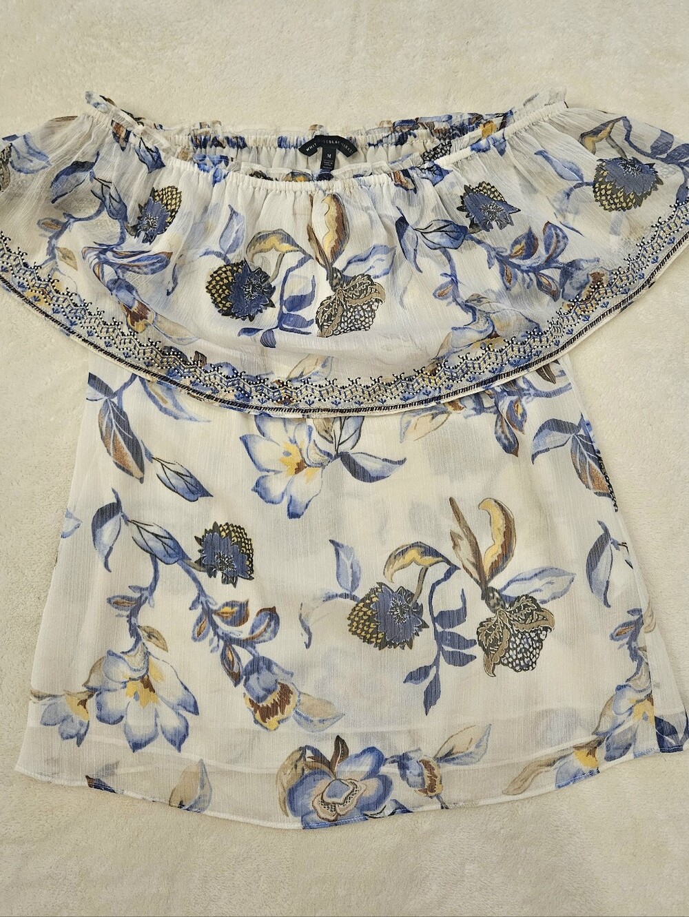 WHBM Off-Shoulder Floral Blouse in White and Blue